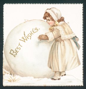 Menina rolando bola de neve gigante, cartão de Natal de English School
