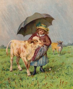Rapariga a proteger um vitelo da chuva (litografia a cores) de English School
