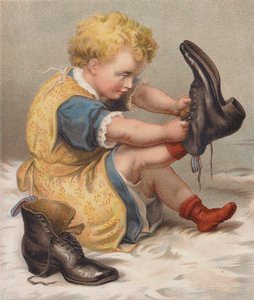 Rapariga a experimentar as botas da mãe (cromolitografia) de English School