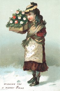 Menina andando na neve carregando caixa de flores, cartão de Natal de English School