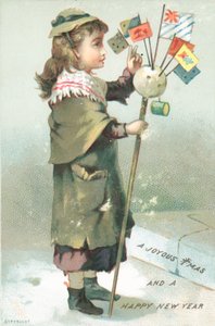 Menina acenando com bandeiras, cartão de Natal de English School