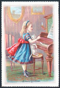 Menina, com, gato, ficar, em, piano, cartão natal de English School