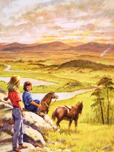Raparigas e póneis a olhar para o campo (guache sobre papel) de English School