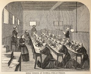 As meninas educam na prisão dos campos de Tothill, na ilustração das prisões criminosas de Londres e nas cenas da vida da prisão por Henry Mayhew e por John Binny, bar. 1862 de English School