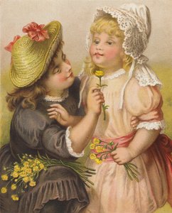Raparigas com ranúnculos (cromolitho) de English School