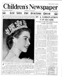 God Save Our Gracious Queen, primeira página de &39;The Children&39;s Newspaper&39;, 1953 (papel de jornal) de English School