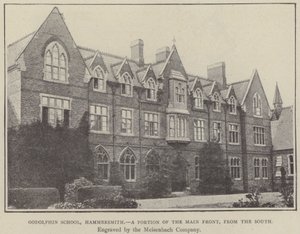 Godolphin School, Hammersmith, uma parte da fachada principal, a partir do sul (gravura) de English School