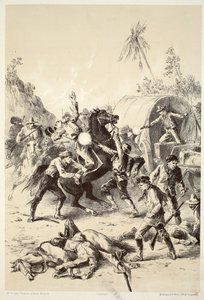 Escolta de ouro atacada por Bush Rangers, de The History of Australasia por David Blair, McGrady, Thomson e Niven, 1879 de English School