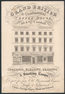 Grand British e Continental Coffee House, 66 e 67 Cornhill, cartão comercial de English School