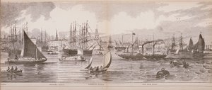 Grand Panorama de Londres, do rio Tâmisa olhando para Shadwell, East India Docks e Limehouse, 1849 (gravura em madeira) de English School
