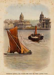 Greenwich Hospital e colégio vistos do cais de desembarque do ferry (litografia a cores) de English School