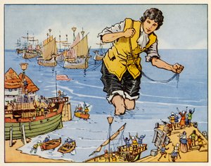 As Viagens de Gulliver: Ele captura a frota em Blefuscu (litografia a cores) de English School
