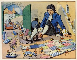 As Viagens de Gulliver: O Imperador mandou fazer uma cama para ele (litografia a cores) de English School