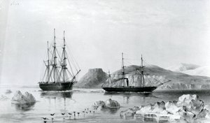 Assistência HMS em Reboque de Pioneer passando John Harrow Mount, North Wellington Channel em 1853 (litografia) de English School