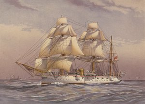 HMS Calliope, cruzador de 3ª classe (litografia a cores) de English School