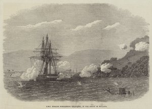 HMS Rinaldo bombardeando Salangore, no Estreito de Malacca (gravura) de English School