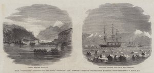 HMS "Termagant" que convoca as Pistolas-Boats "Grappler" e "Forward" através do Estreito de Magalhães (gravura) de English School