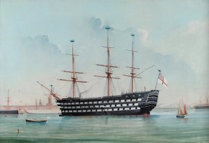 HMS Victory no Porto de Portsmouth, c.1860 de English School