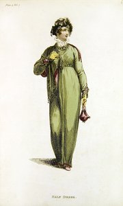 Meio vestido, placa de moda do Repositório de Artes da Ackermann (gravação colorida) de English School