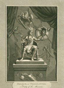 Haloch, ou Tescalipuca, uma divindade dos mexicanos, ilustração do mundo: ou o estado atual do universo, sendo uma coleção geral e completa de viagens e viagens modernas, por Cavendish de English School