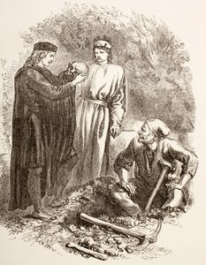 Hamlet segura o crânio de Yorick, ilustração do Ato V, Cena I em Hamlet, de &39;The Illustrated Library Shakespeare&39;, publicado em Londres, 1890 de English School