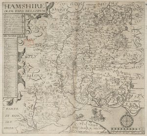 Hampshire, anteriormente parte dos belgas. J. Norden descreveu W. Hole sculp., de "Britannia" de Camden. 6ª edição. fol. 187 (gravura) de English School