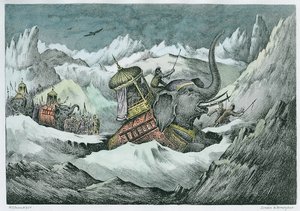 Aníbal (247-c. 1983 aC) e seus elefantes de guerra cruzando os Alpes (posteriormente coloração)