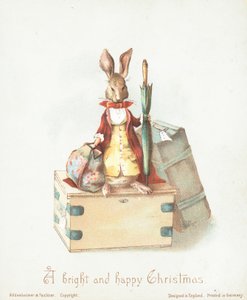 Lebre com bagagem e guarda-chuva, cartão de Natal de English School