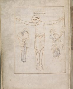 Harley 2904, f.3v, A Crucificação; com a Virgem, e São João inscrevendo o seu testemunho num pergaminho, do Ramsey Psalter, c.900-1000 (vellum) de English School