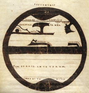 Harley MS 2772 f. 70v, mapa-múndi zonal diagramático, c.1050 (tinta e têmpera em pergaminho) de English School