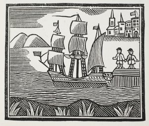 Ele embarca em sua viagem cheia de acontecimentos, ilustração de Chap-books do século XVIII de John Ashton, pub. 1882 de English School
