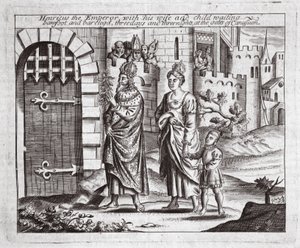 Henricus, o Imperador, com sua esposa e filho esperando, descalça e barrenta, três dias e três noites nos portões de Canusuam, ilustração de Atos e Monumentos de John Foxe, nona edição, de English School