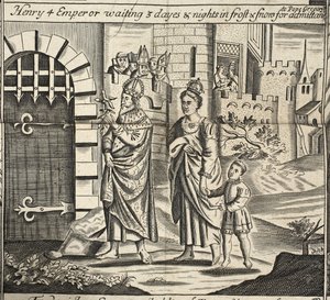 Henrique 4 Imperador espera 3 dias e noites em geada e neve para admissão ao Papa Gregório, ilustração de Atos e Monumentos por John Foxe, nona edição, pub. 1684 de English School