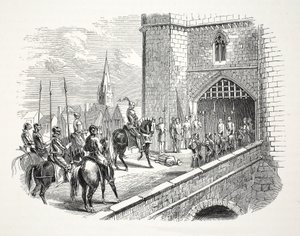 Henry Earl de Richmonds (depois Henry VII) entrada em Shrewsbury sobre o corpo dos Prefeitos, pub. Século XIX (gravura em aço) de English School