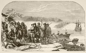 Henry Hudson oferece bebidas alcoólicas aos índios em 1609 (litografia) de English School