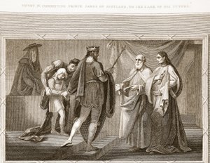 Henrique IV cometeu o príncipe James da Escócia, aos cuidados de seus tutores, ilustração de David Humes A História da Inglaterra, pub. por R. Bowyer, Londres, 1812 de English School