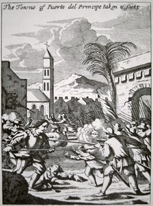 Henry Morgan captura e saca a cidade de Puerto de Principe, Cuba, em 1668, ilustração de 