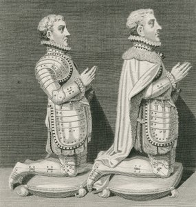 Henry Stuart, Lorde Darnley e seu irmão Charles Stuart, conde de Lennox, ajoelhando-se diante do túmulo de sua mãe na Abadia de Westminster, gravados por Andrew Birrell, 1796 de English School