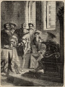 Henrique VIII. e seu Conselho ordenando a tradução da Bíblia para o inglês - 1538 - gravura de "History of England" de Cassell Petter & Galpin de English School