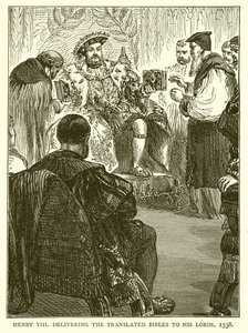 Henrique VIII entregando as Bíblias Traduzidas aos seus Lordes, 1538 de English School