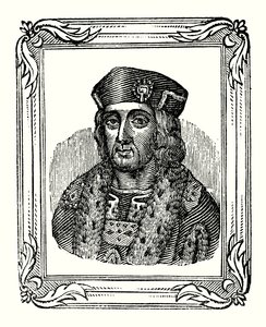 Henrique VII nasceu em 1457, foi coroado em 1485, e morreu em 1509 (gravura). de English School