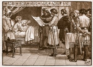 Henry recebendo a notícia da traição de John, ilustração de Cassells Illustrated History of England (foto em sépia) de English School