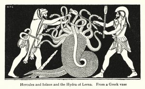 Hércules e Iolaus e a Hidra de Lerna (litho) de English School