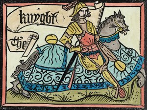 Aqui Begynneth the Knightes Tale, ilustração de The Canterbury Tales por Geoffrey Chaucer (c.1345-1400) impresso por William Caxton (c.1422-91) 1434 (coloração posterior) de English School
