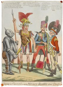 "Heros in Council - or a Military Squabble about Dress", c.1820 (gravura colorida) de English School
