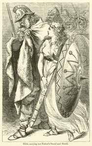 Hilda com a espada e o escudo do seu pai (gravura) de English School