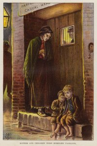 Mãe e filhos sem abrigo na Grã-Bretanha vitoriana (chromolitho) de English School