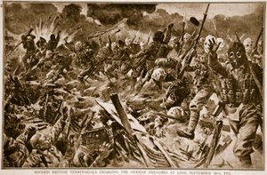 Territórios britânicos encapuzados carregando as trincheiras alemãs em Loos, 25 de setembro de 1915, 1914-19 de English School