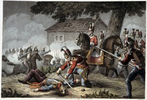 Horse Guard no campo de batalha de Waterloo em "Historical, military and naval anecdotes and incidents that arrived at the British Armies and their allies, ending at Waterloo" de Edward Orme. Ilustrado por Fry, Sutherland, Clark, Dubourg, W.Heart, JA, Atki de English School