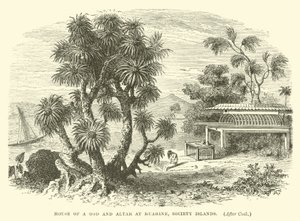 Casa de um deus e altar em Huahine, Society Islands, depois de Cook de English School